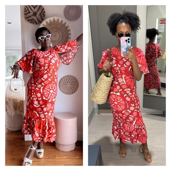 RHODE x Target Red Bat Sleeve Floral Linen Blend Midi Dress Size 17 NWT - Picture 3 of 15
